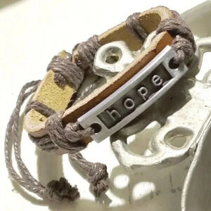 Genuine Leather Handcrafted Hope Affirmation Medium Brown Silver Pewter Bracelet